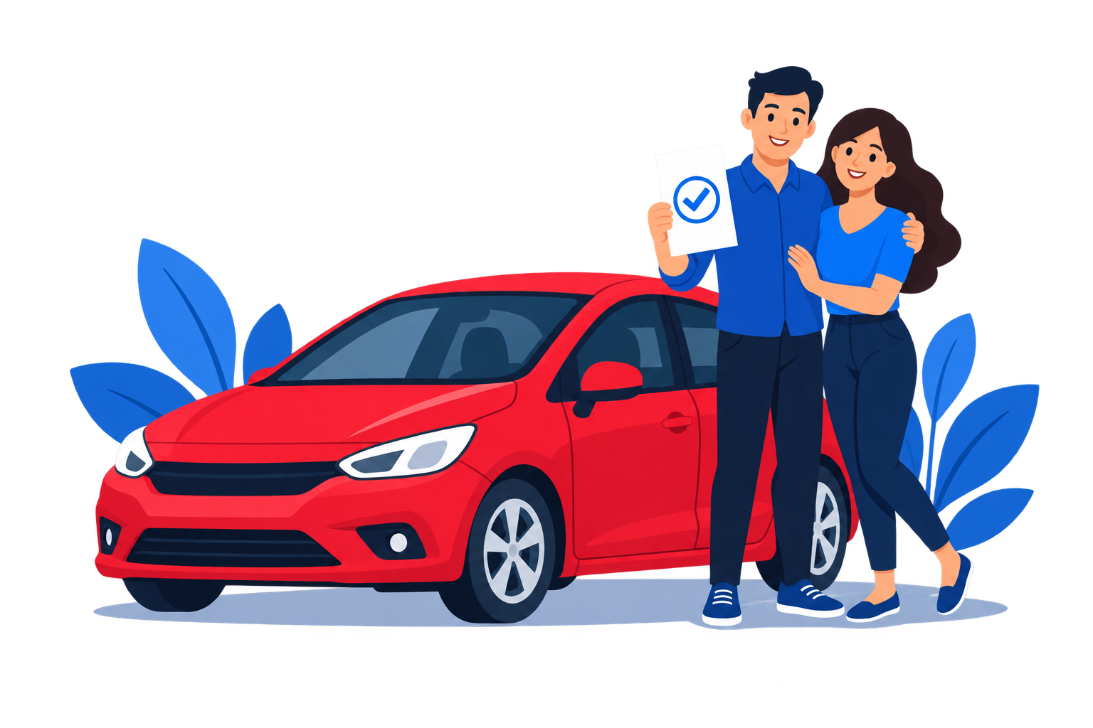 A couple with their auto policy beside a red car